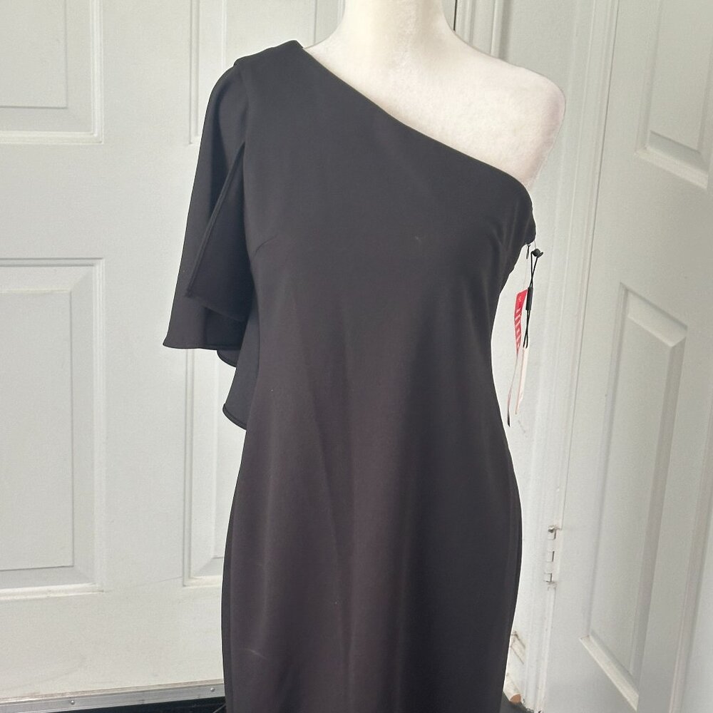 NWT Calvin Klein One Shoulder Ruffle Sheath Cocktail Dress, Black Size 10